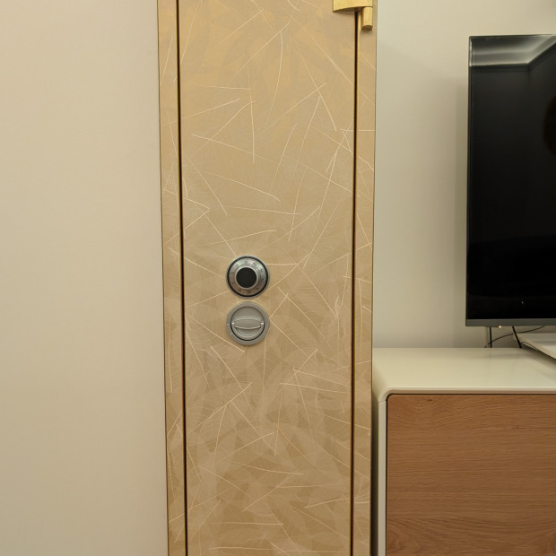 Verkleiden eines Tresors mit einer Naturtapete von Organoid "Skelettblatt auf Goldpapier". Hervorheben der Scharniere und sichtbaren Eisenoberfläche mit einer Goldfarbe.